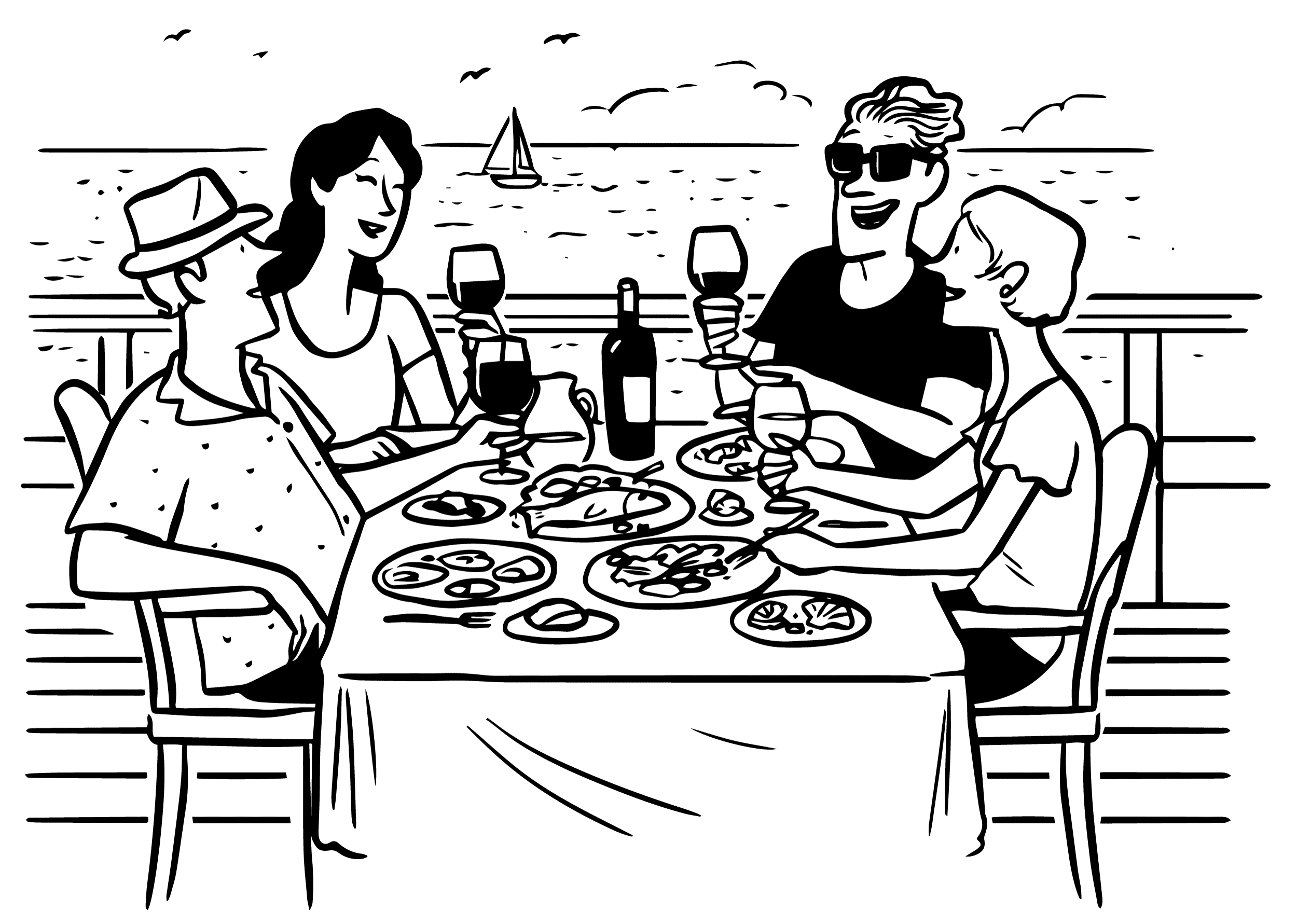 ilustracion comiendo frente al mar